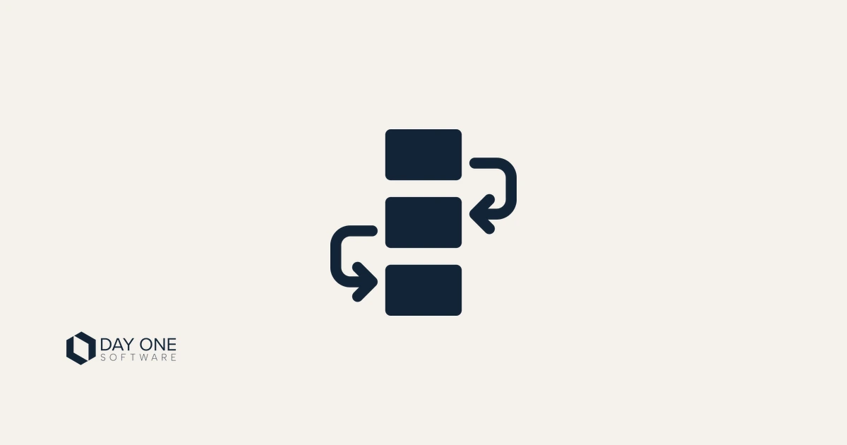 DAY ONE hero card: linked blocks exchanging arrows, representing the handover of work between sales, delivery and finance